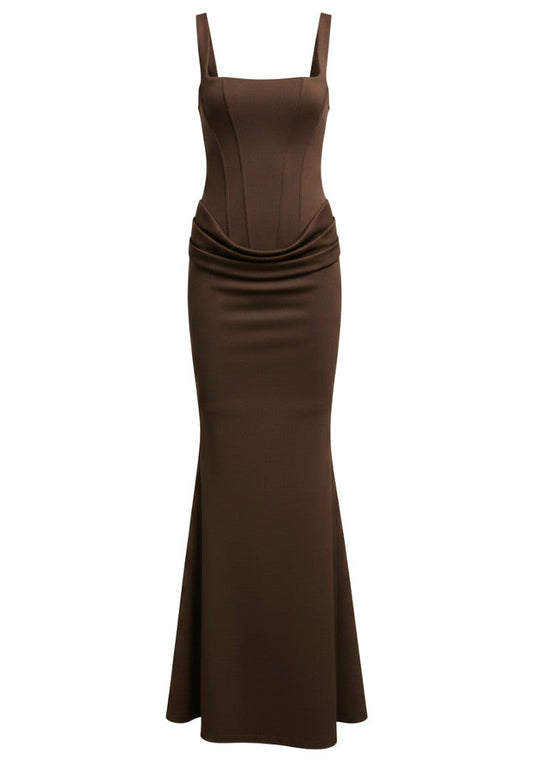 Corset Draped Maxi Dress Brown