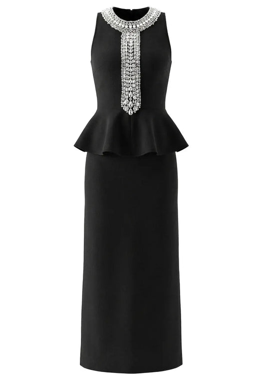 Crystal Detail Peplum Maxi Dress Black