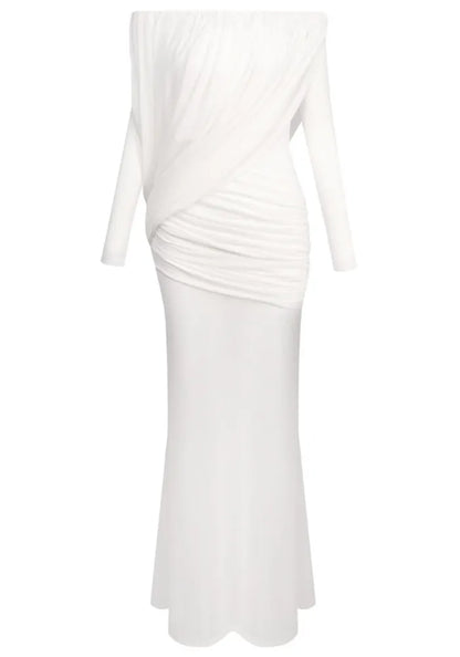 Long Sleeve Draped Bardot Maxi Dress White