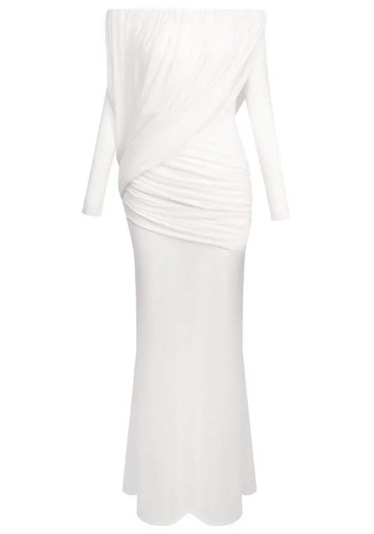Long Sleeve Draped Bardot Maxi Dress White