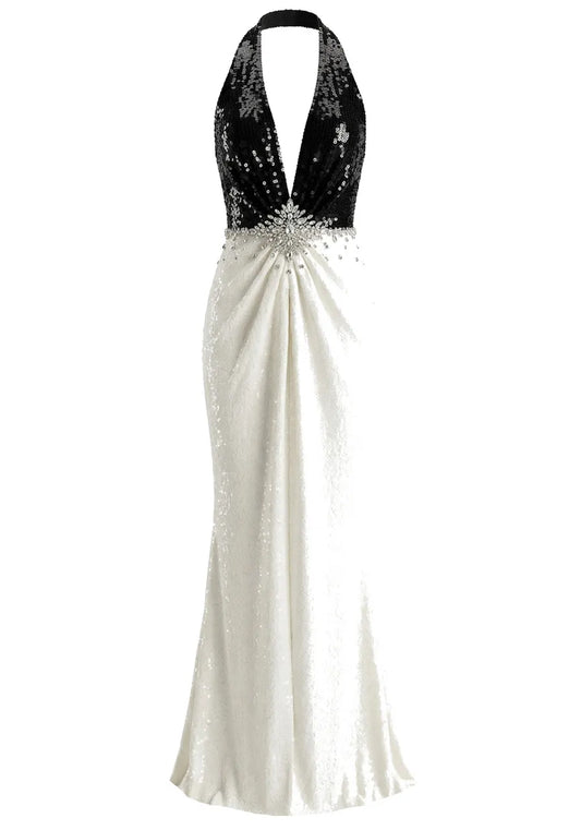Halter Crystal Detail Sequin Maxi Dress Black White