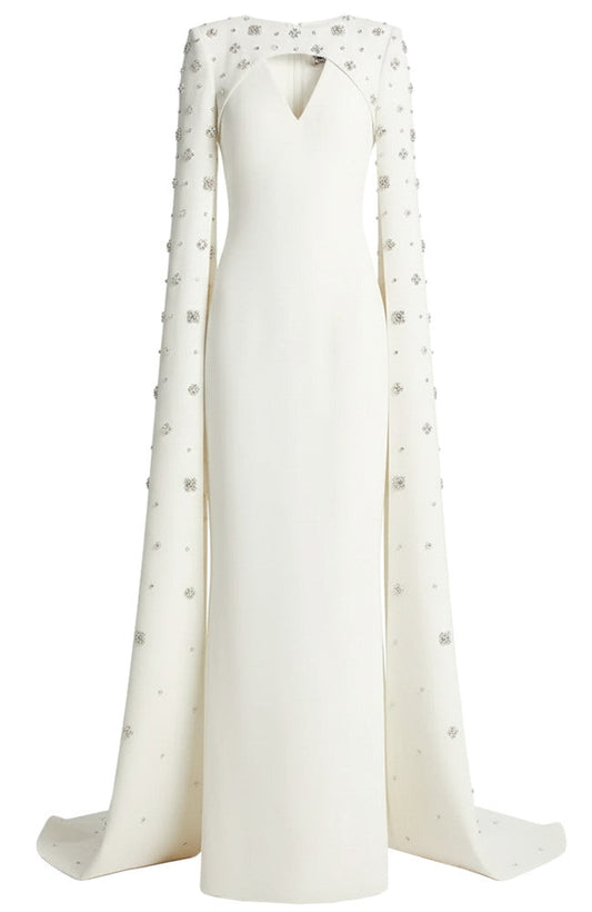 Crystal Cape Sleeve Maxi Dress White