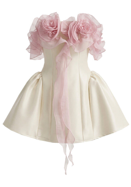 Floral Ruffle Bardot A Line Dress Ivory Pink