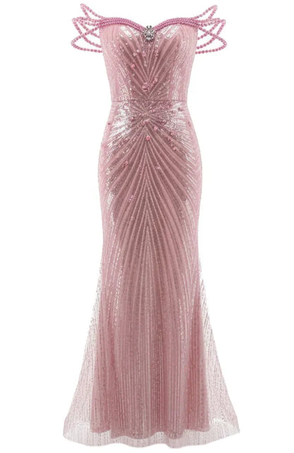 Embellished Bardot Sequin Maxi Dress Pink