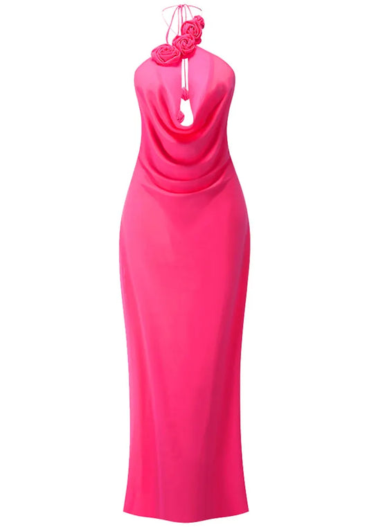 Halter Floral Maxi Dress Hot Pink