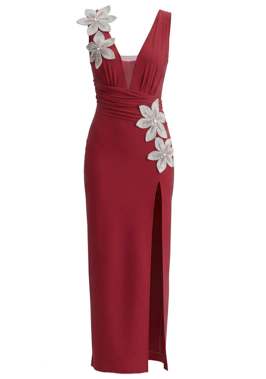 Floral Draped Maxi Dress Red