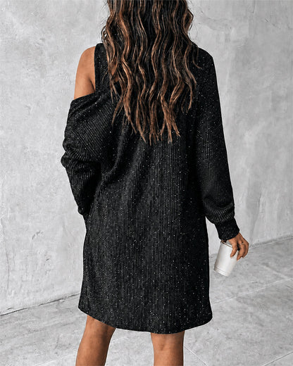 2 Pieces Outfit U-Neck Half Button Front Slim Fit Mini Tank Dress and Long Sleeve Pockets Design Cardigan Casual Rhinestone Decor Textured Set