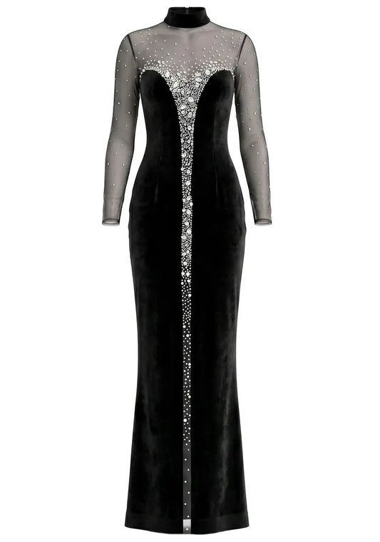 Long Sleeve Crystal Mesh Maxi Velvet Dress Black