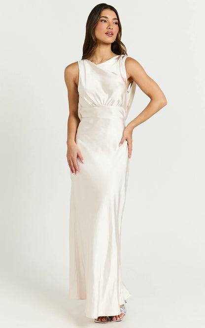 Fheliz Midi Dress - Satin Open Back Dress in Oyster