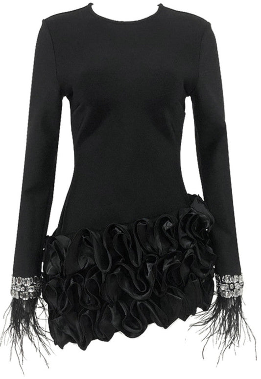 Crystal Feather Long Sleeve Ruffle Detail Dress Black