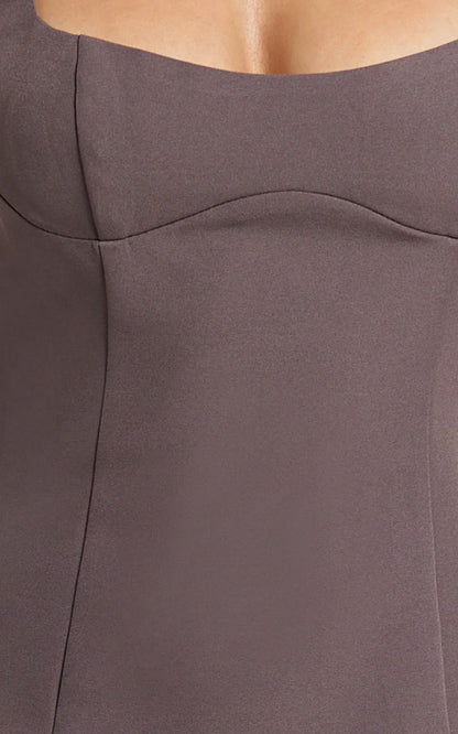 Aretha Midi Dress - Square Neckline High Split Dress in Mocha
