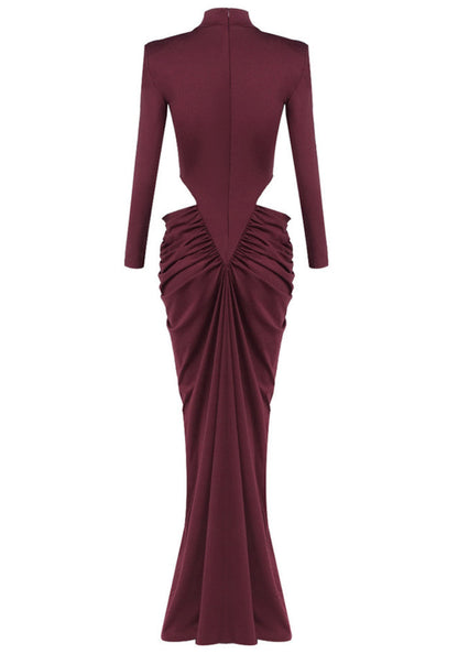 Long Sleeve Draped Cut Out Detail Maxi Dress Burgundy