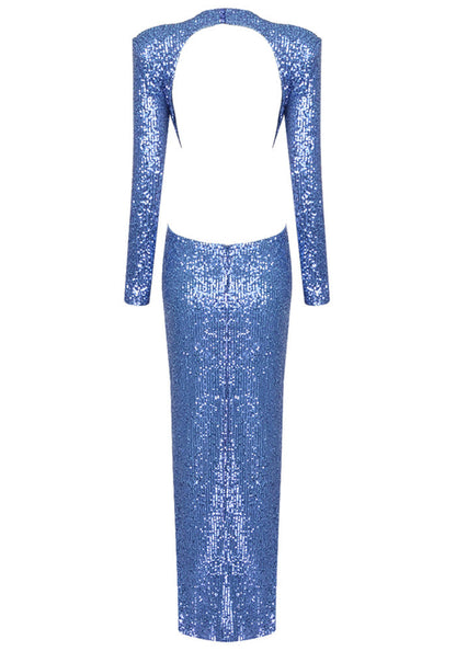 Long Sleeve Crystal Flower Sequin Maxi Dress Blue
