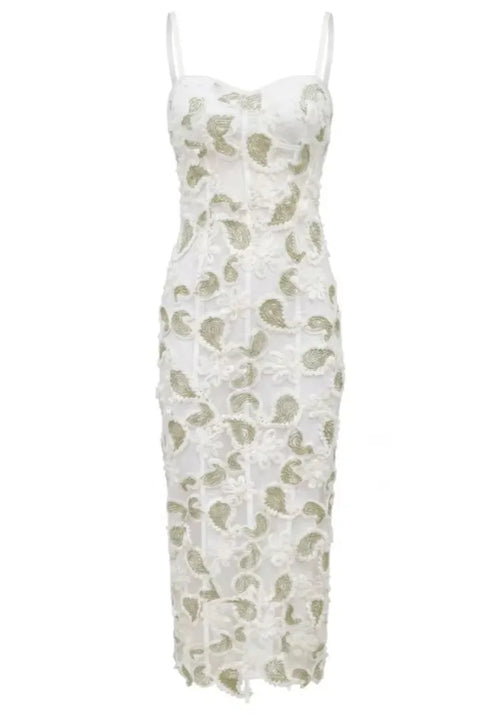 Floral Lace Midi Dress White Green