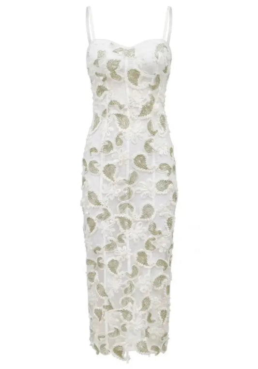 Floral Lace Midi Dress White Green