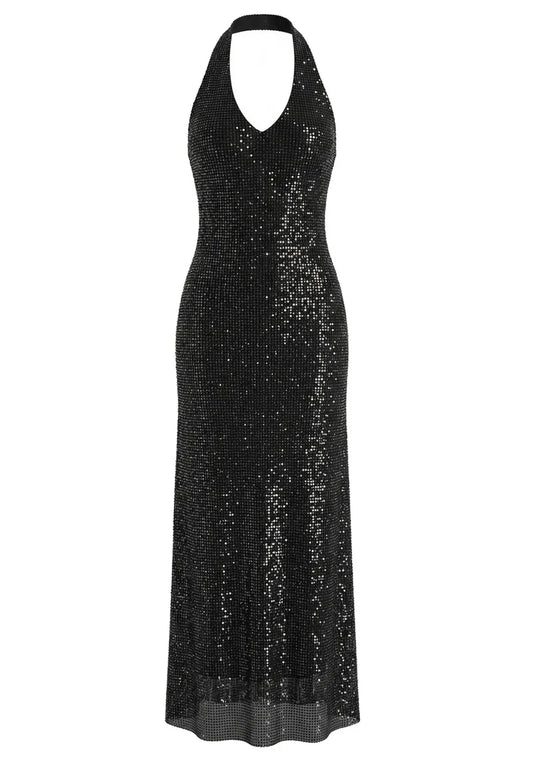 Halter Sparkly A Line Midi Dress Black