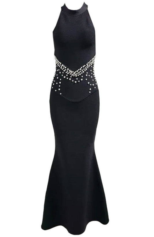 Halter Crystal Front Maxi Dress Black