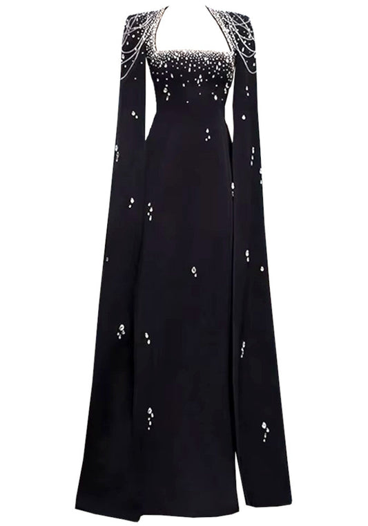 Cape Sleeve Crystal Pearl Maxi Dress Black
