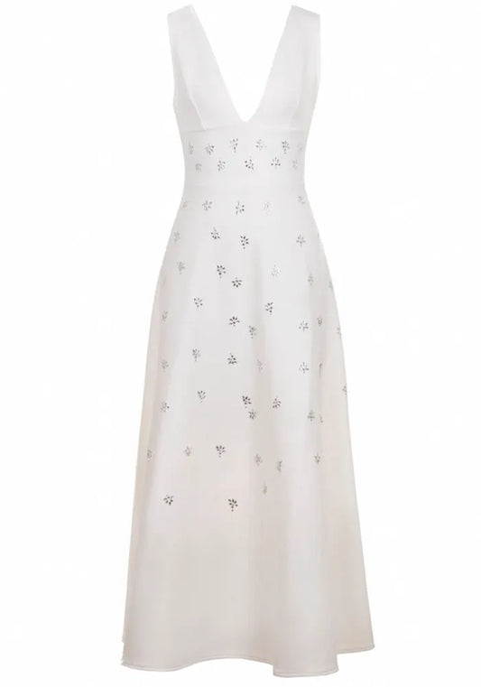 Crystal Embellished A Line Midi Dress White