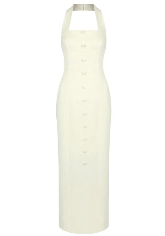 Halter Button Detail Maxi Dress Ivory