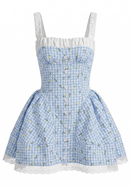 Floral Ruched A Line Dress Blue