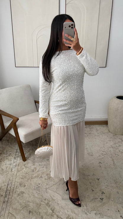 Robe A Sequins Plissee I Creme