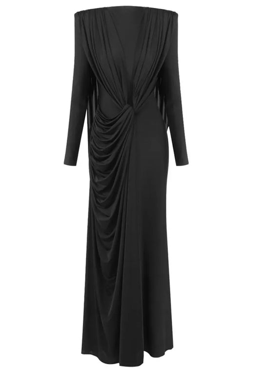 Long Sleeve Draped Design Maxi Dress Black