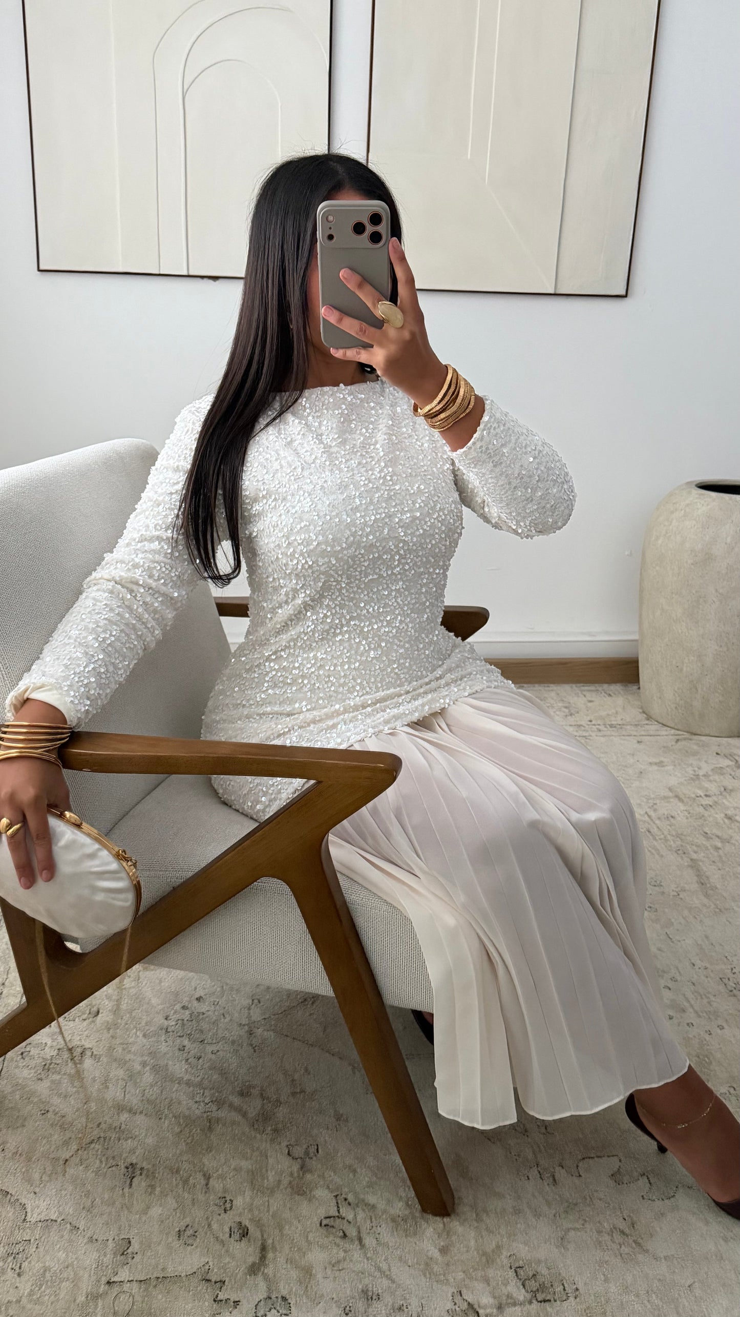 Robe A Sequins Plissee I Creme