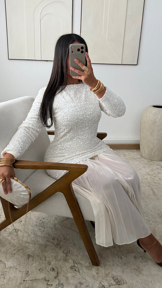 Robe A Sequins Plissee I Creme