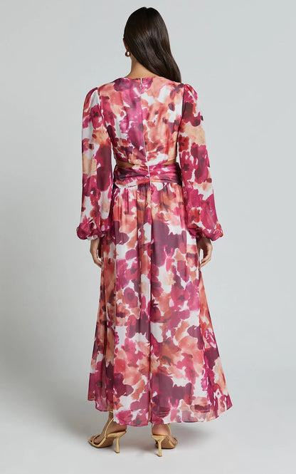 Emilee Midi Dress - Side Cut Out Long Sleeve Plunge Dress in Purple Floral