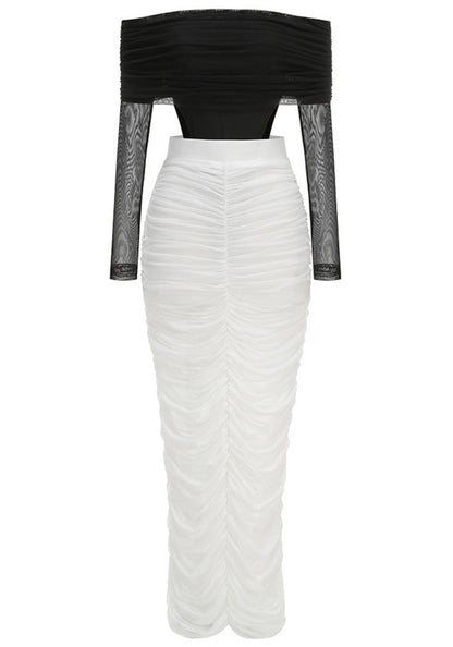 Long Sleeve Draped Bardot Maxi Dress Black White