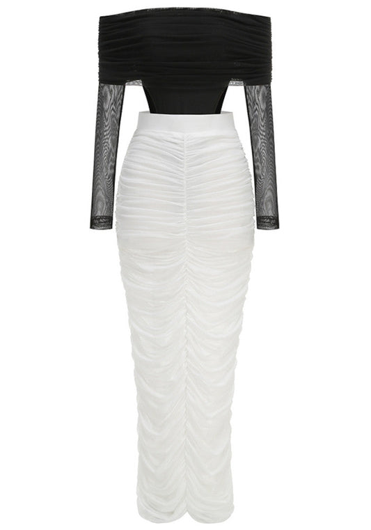 Long Sleeve Draped Bardot Maxi Dress Black White