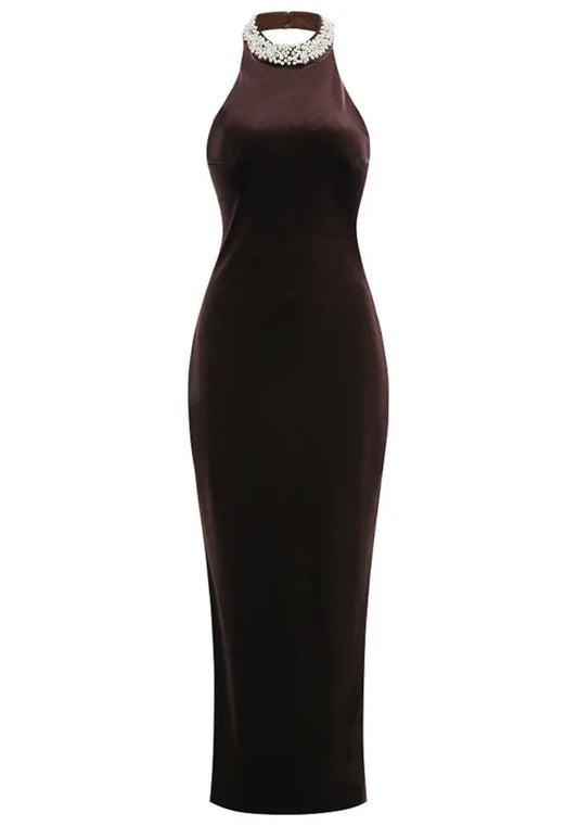 Halter Pearl Embellished Maxi Velvet Dress Dark Brown