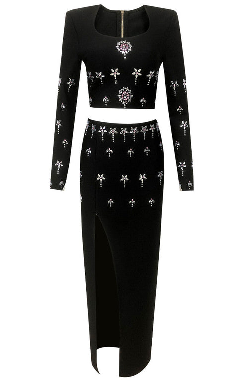 Long Sleeve Crystal Two Piece Maxi Dress Black