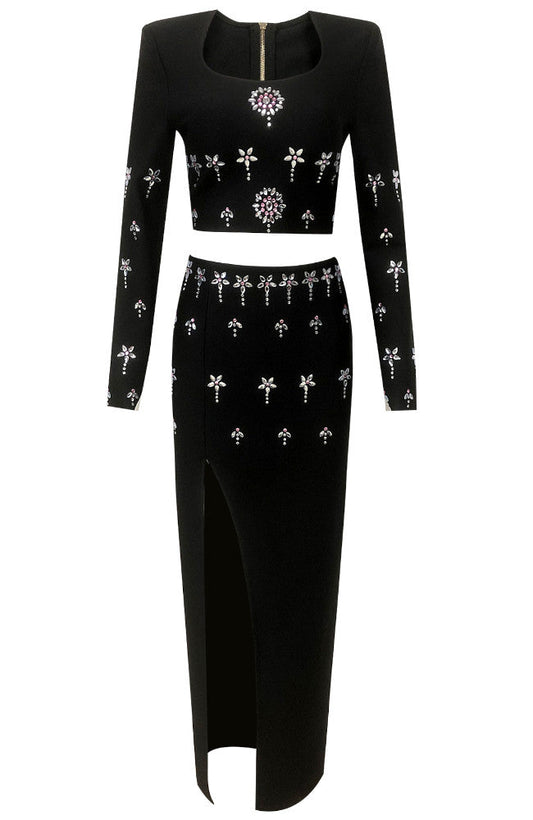 Long Sleeve Crystal Two Piece Maxi Dress Black