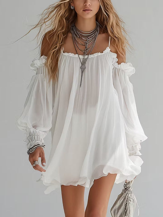 Flowing Bohemian Style Off The Shoulder Mini Dress