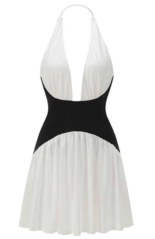 Halter Structured A Line Dress Black White