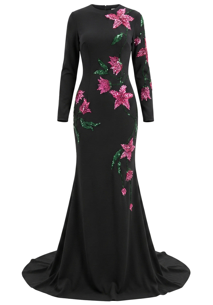 Long Sleeve Embellished Floral Maxi Dress Black