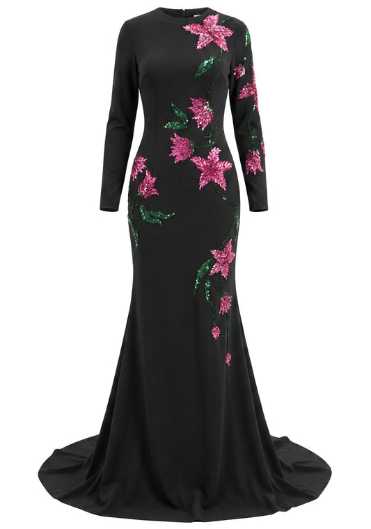 Long Sleeve Embellished Floral Maxi Dress Black