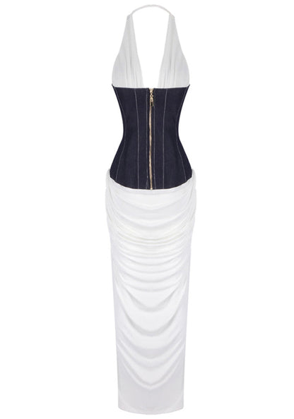 Halter Corset Draped Maxi Dress White