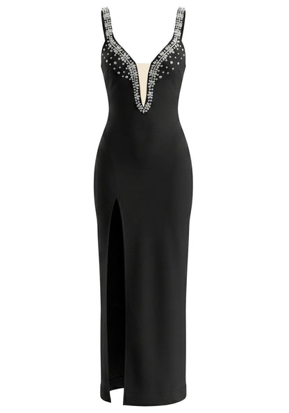Crystal Embellished V Neck Maxi Dress Black