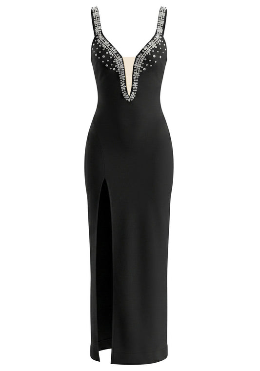 Crystal Embellished V Neck Maxi Dress Black