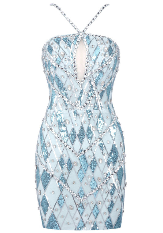 Halter Crystal Sequin Dress Blue