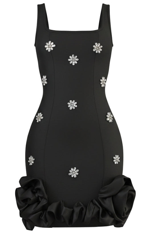 Crystal Embellished Floral Bubble Detail Dress Black