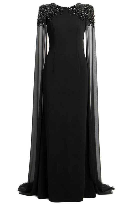 Cape Sleeve Crystal Shoulder Maxi Dress Black
