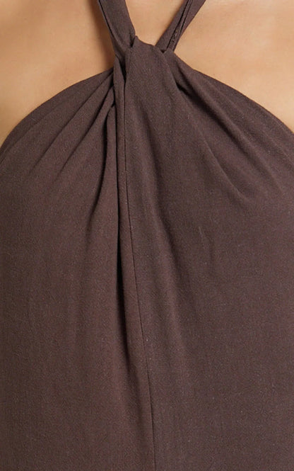 Hilda Maxi Dress - Knot Detail Halter Neck Maxi Dress in Chocolate