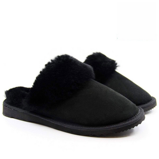 100 Sheepskin Womens Slippers Scuffs Slip On Winter Ugg Slippers In Black