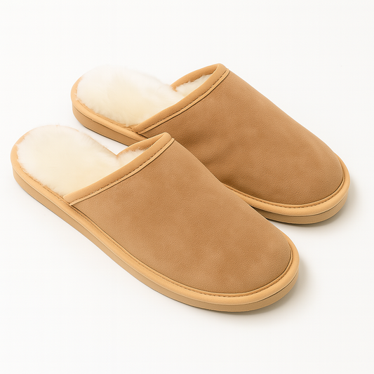 100 Sheepskin Mens Slippers Scuffs Slip On Winter Ugg Slippers In Chestnut