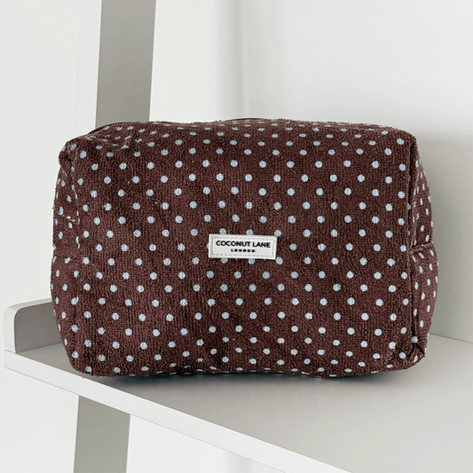 Towel Makeup Bag - Brown & Blue Polka Dot