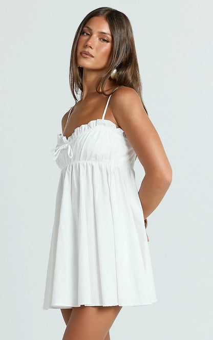 Augustine Mini Dress - Strappy Frill Babydoll Mini Dress in Off White